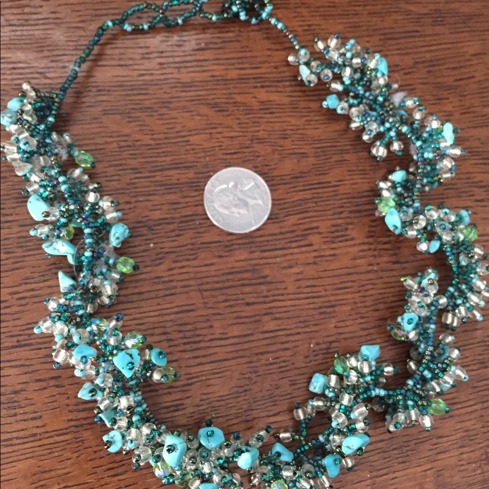 Hand made beaded necklace aqua